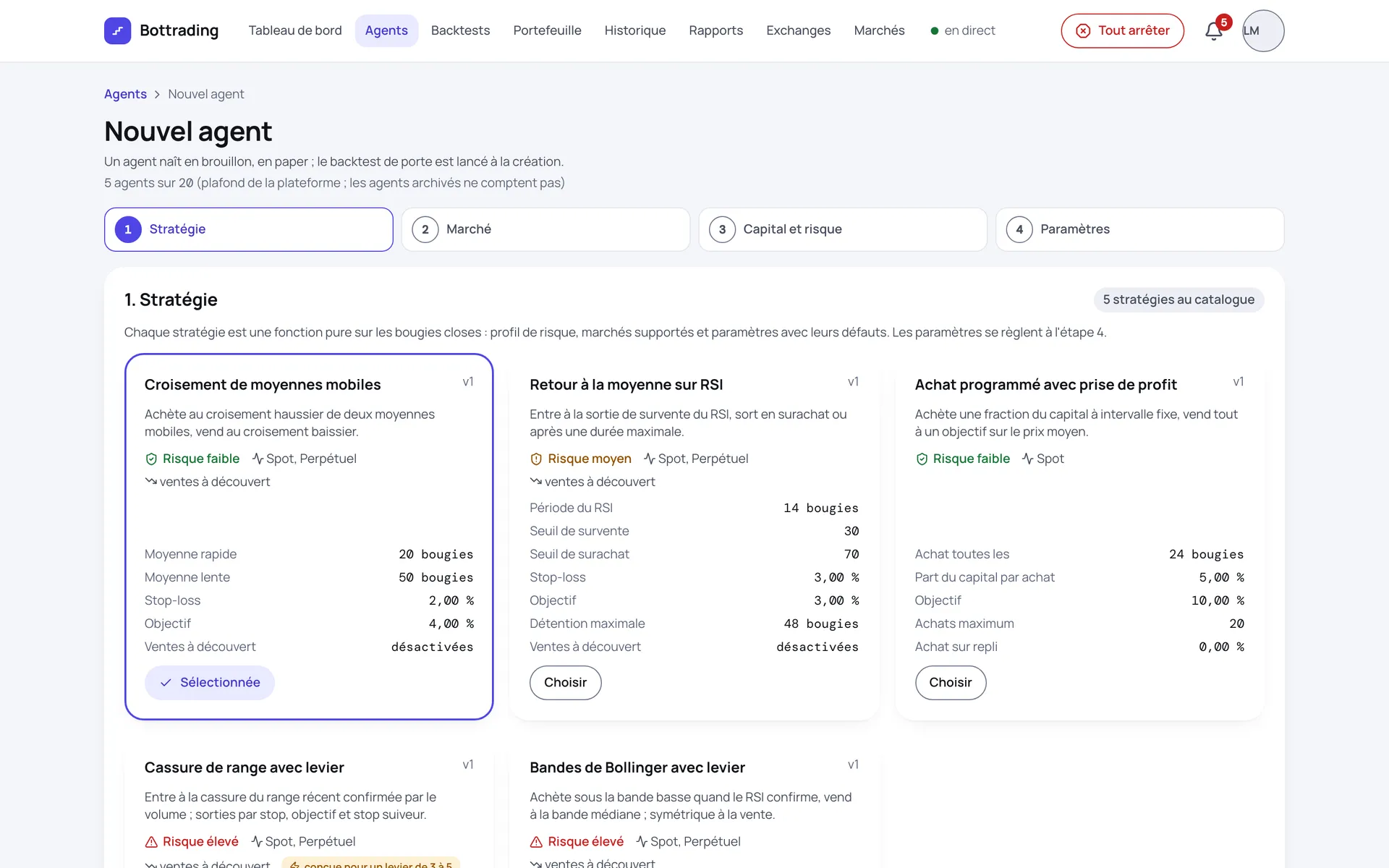 Bottrading, planche de conception : création d'un agent