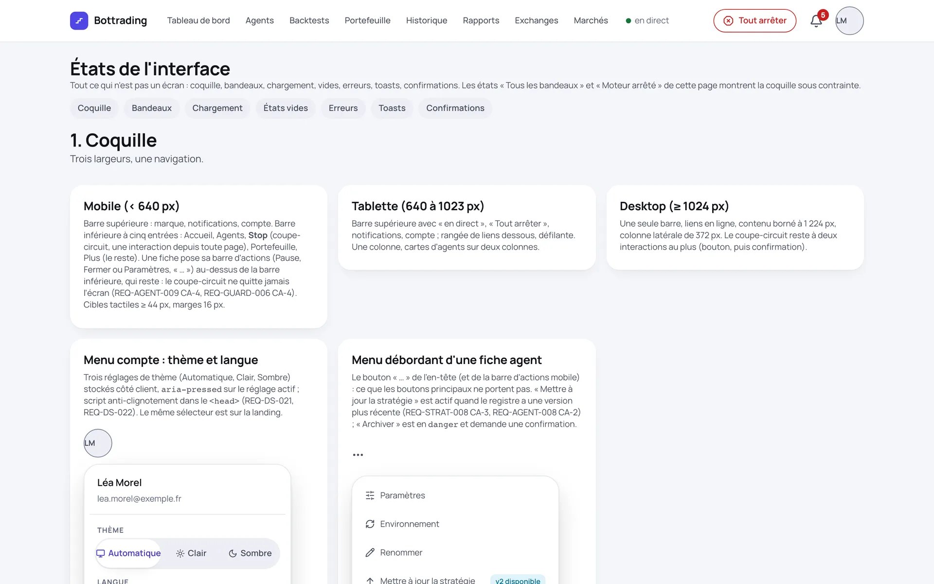 Bottrading, planche de conception : états de l'interface