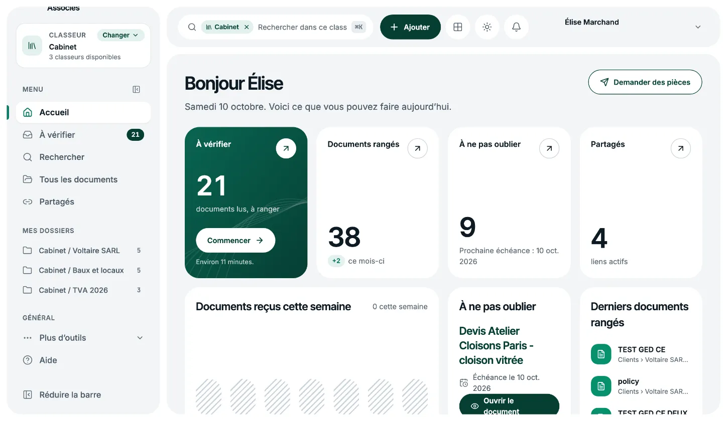 Chartrium, page d'accueil sur données fictives : 21 documents à vérifier, 38 documents rangés, 9 échéances à ne pas oublier, 4 liens de partage actifs